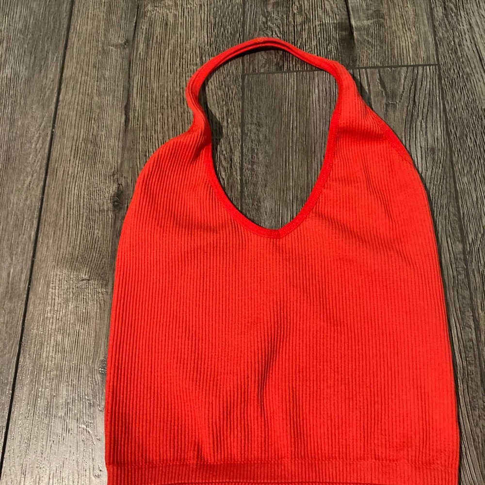 Red cropped halter tank